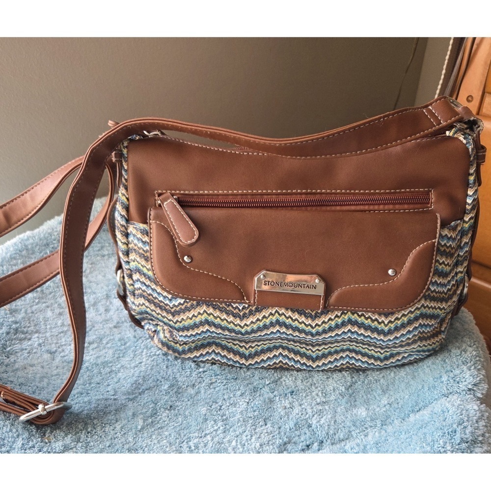Stone Mountain Shoulder Bag Woven Chevron Design/Faux Leather Adjustable Strap